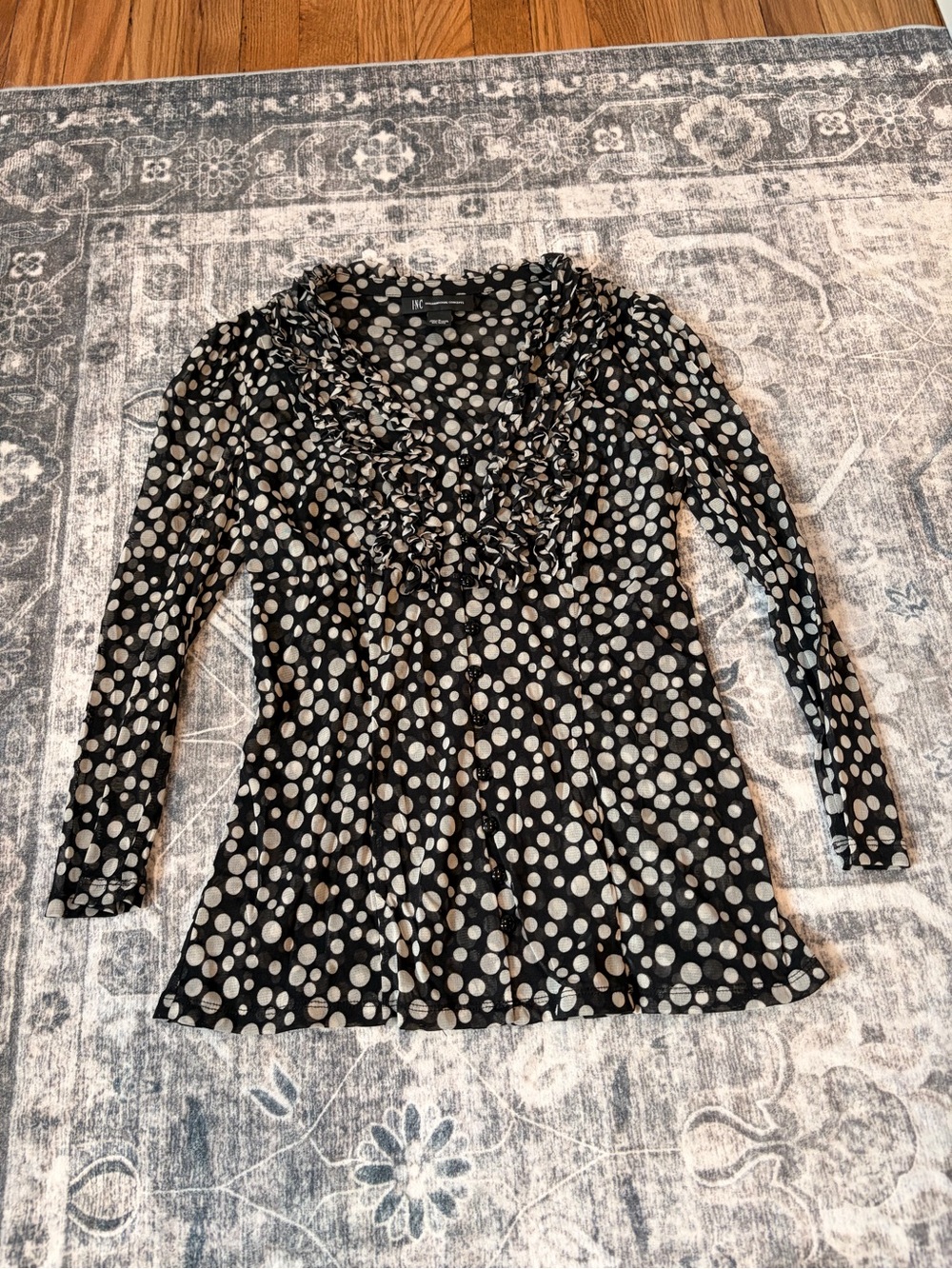 INC International Concepts Black Polka Dot Ruffle V-Neck Long Sleeve Top